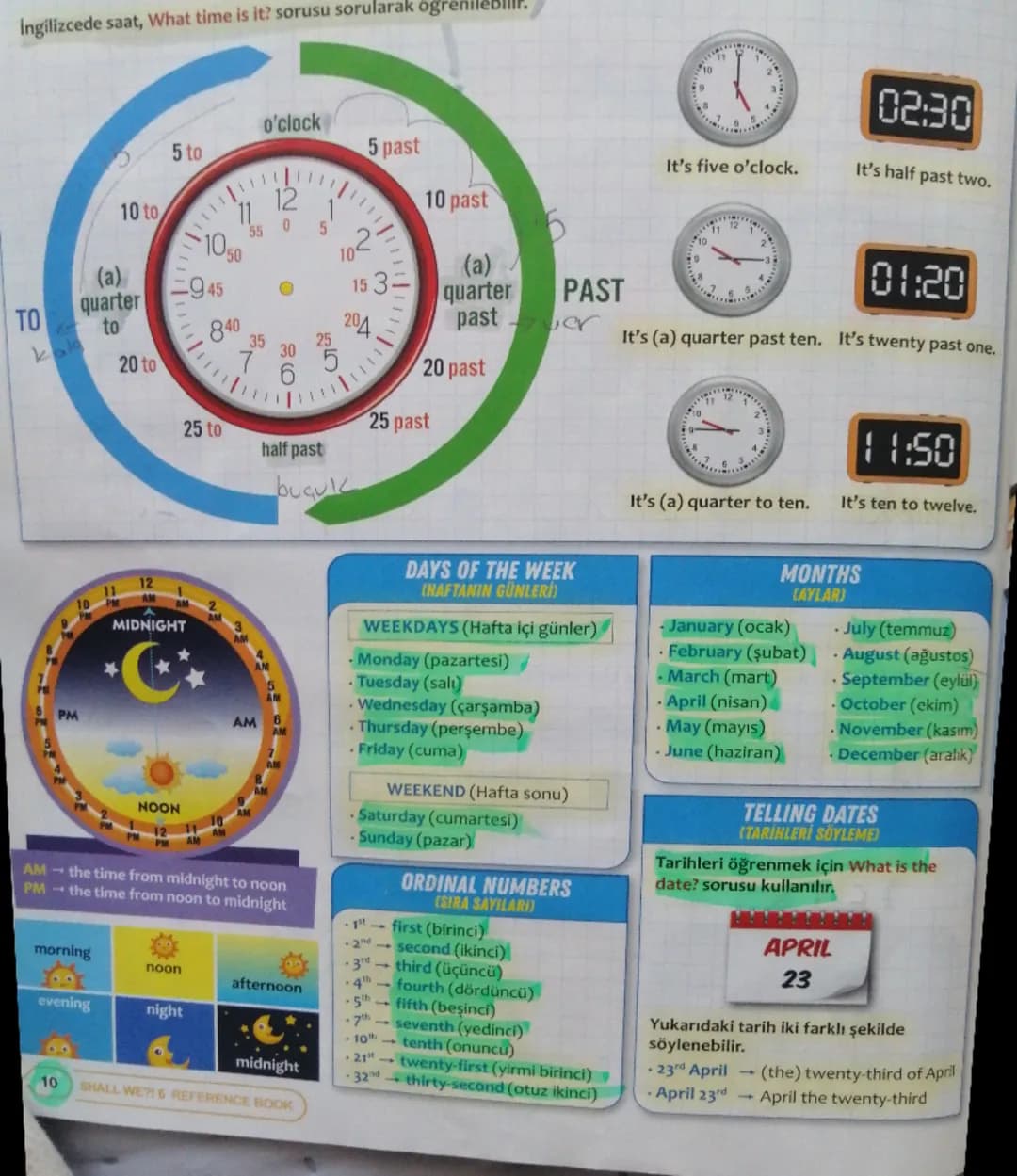 Ingilizcede saat, What time is it? sorusu sorularak ögrenilebilir.

10
o'clock
5 to
5 past
10 to
(a)
quarter
TO to
kala
20 to
11111111111
11