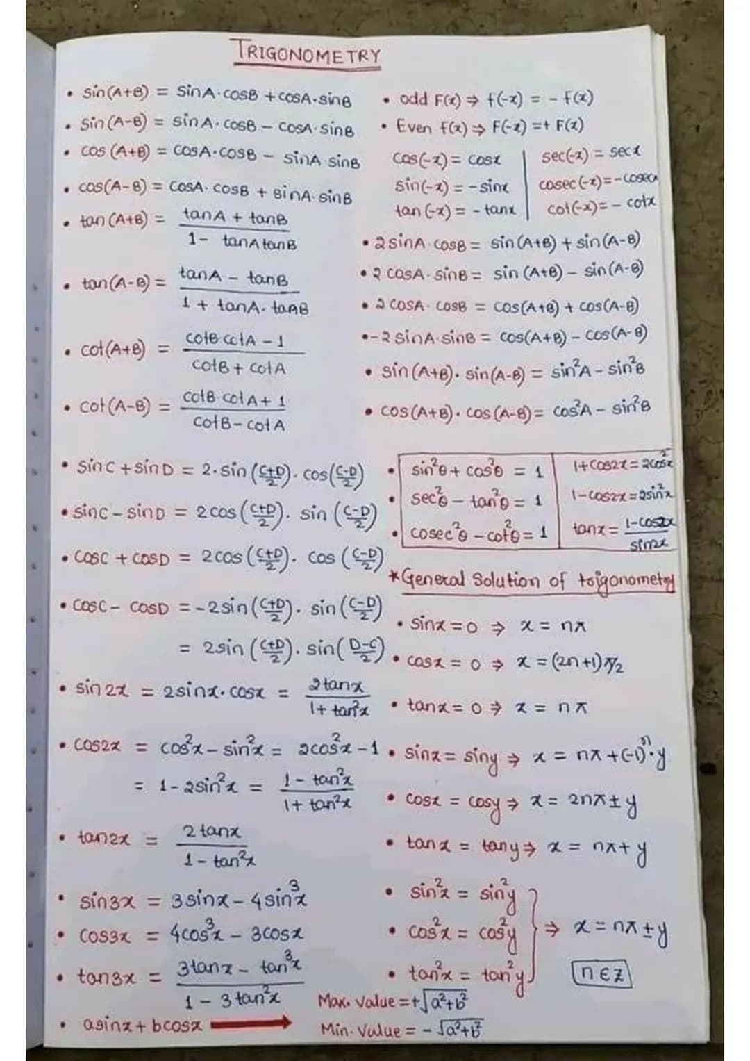 # TRIGONOMETRY

*   Sin(A+B) = SinA cosB+cosA-sing
*   Sin (A-6) = sin A-COSB-COSA-Sing
*   COS (A+B) = COSA-COSB - Sing Sing
*   cos(A-B) =