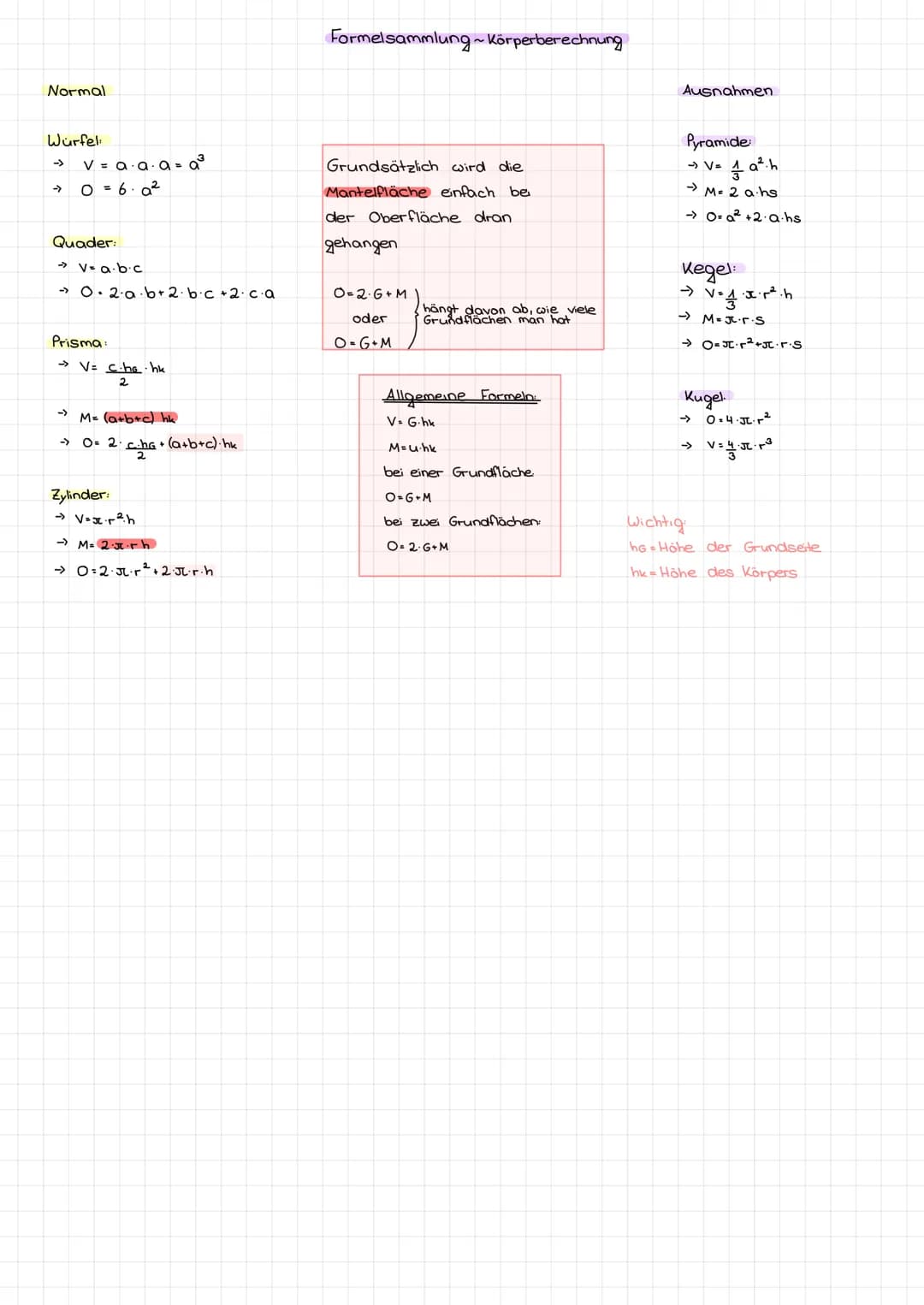 Normal

Würfel
→ V = a · a · a = $a^3$
→ O = 6 · $a^2$

Quader:
→ V = a · b · c
→ O = 2 · a · b + 2 · b · c + 2 · c · a

Prisma:
Formelsamml