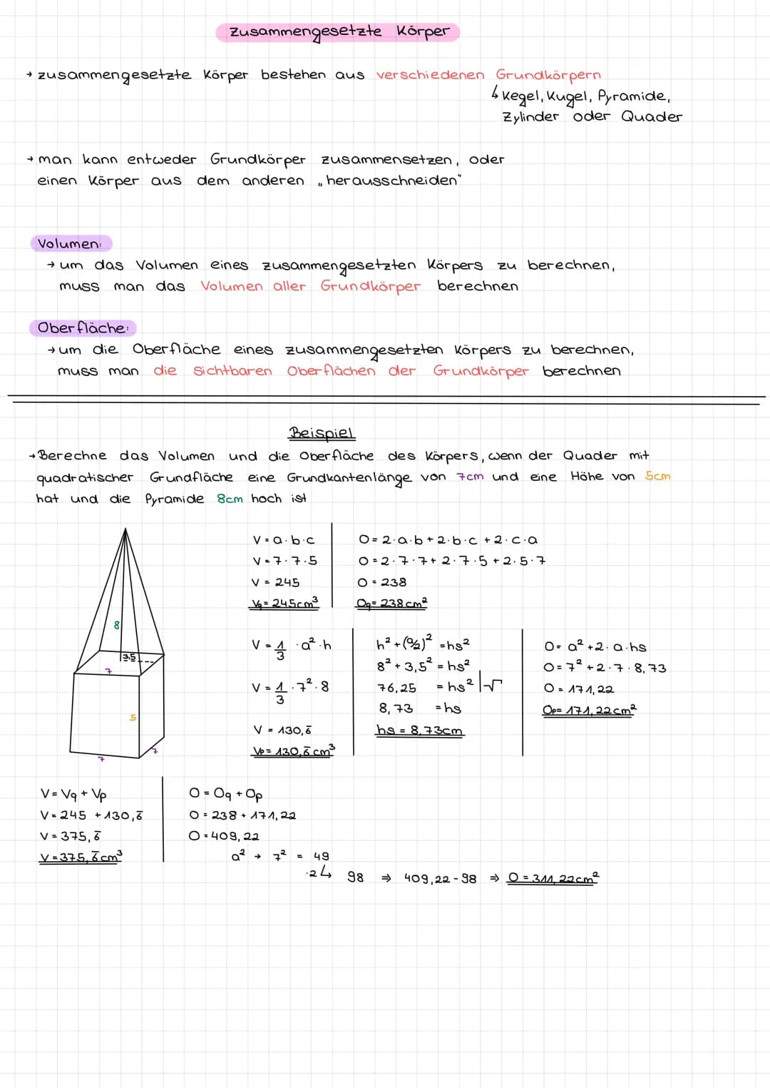 Normal

Würfel
→ V = a · a · a = $a^3$
→ O = 6 · $a^2$

Quader:
→ V = a · b · c
→ O = 2 · a · b + 2 · b · c + 2 · c · a

Prisma:
Formelsamml