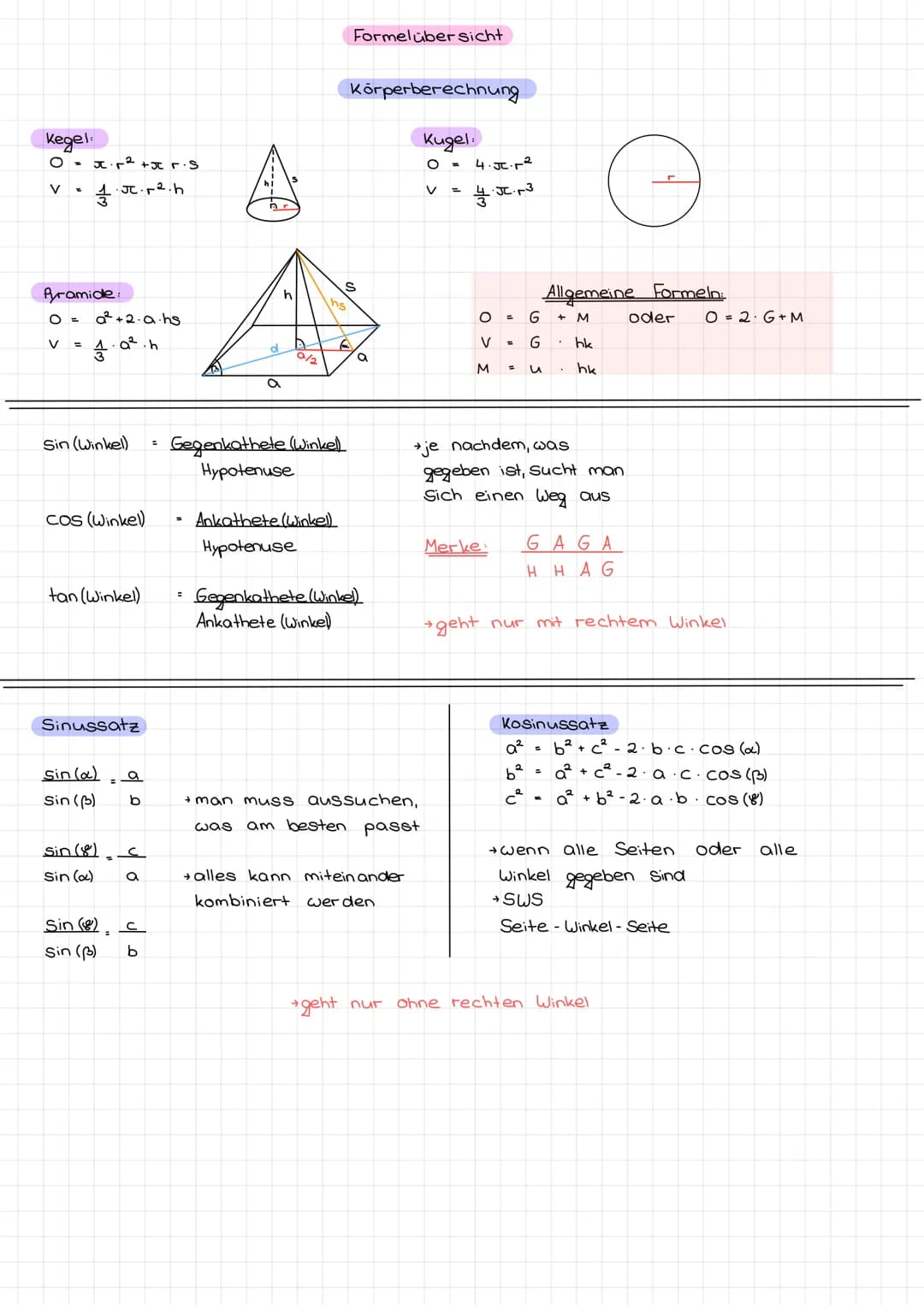 Normal

Würfel
→ V = a · a · a = $a^3$
→ O = 6 · $a^2$

Quader:
→ V = a · b · c
→ O = 2 · a · b + 2 · b · c + 2 · c · a

Prisma:
Formelsamml