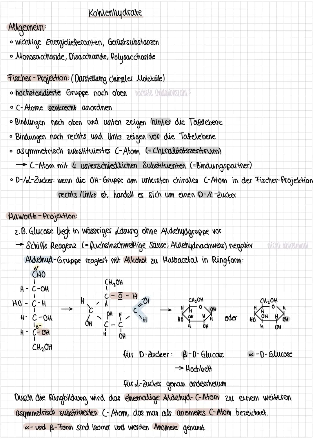 Kohlenhydrate

Allgemein:
*   wichtige Energielieferanten, Gerüstsubstanzen
*   Monosaccharide, Disaccharide, Polysaccharide

Fischer-Projek
