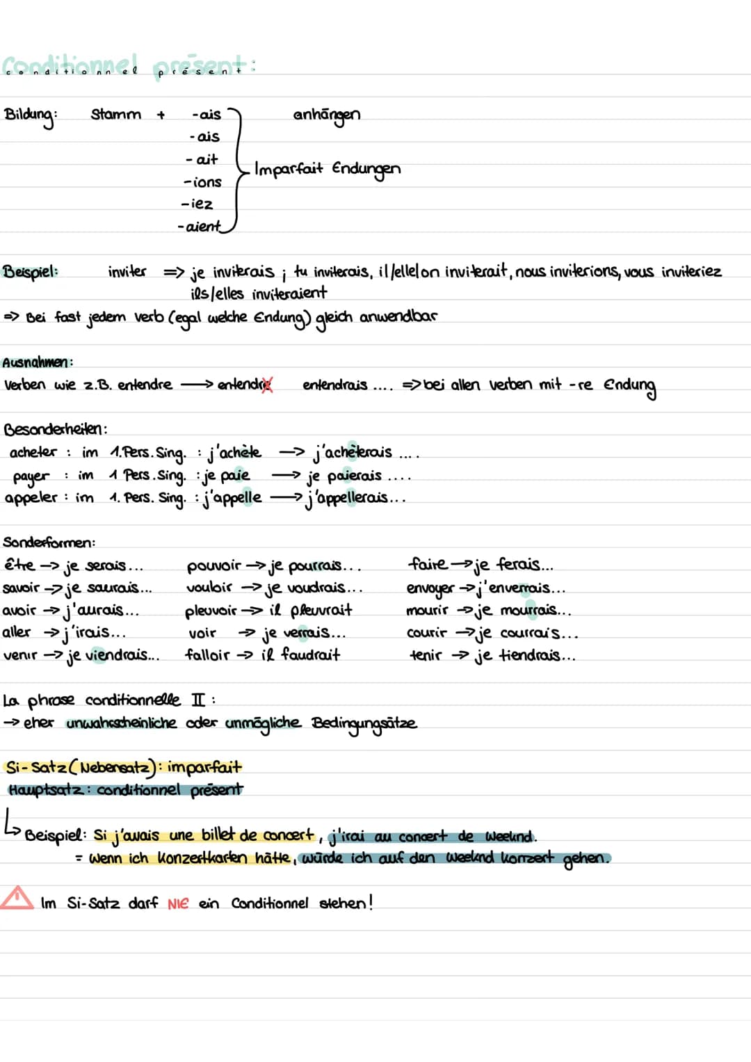 Conditionnel present:

Bildung:
Stamm +
-ais
anhängen
- ais
- ait
Imparfait Endungen
-ions
-iez
-aient

Beispiel:
inviter je invikrais; tu i