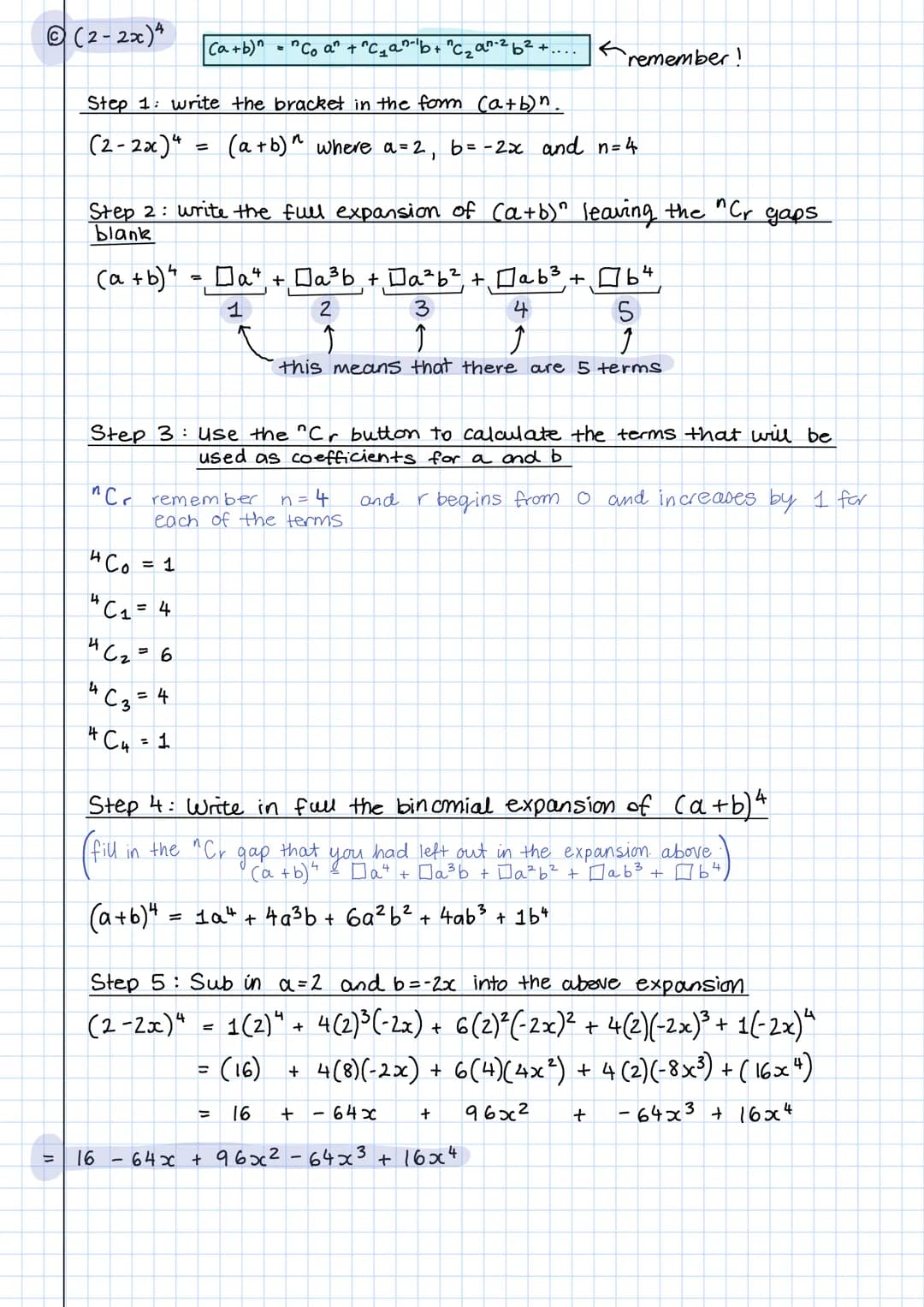 <h2>Binomial Expansion Examples and Practice Questions PDF</h2>
<p>(5) Find the full expansion of:</p>
<p>@(2+x)^4</p>
<h3>Step 1: Write the