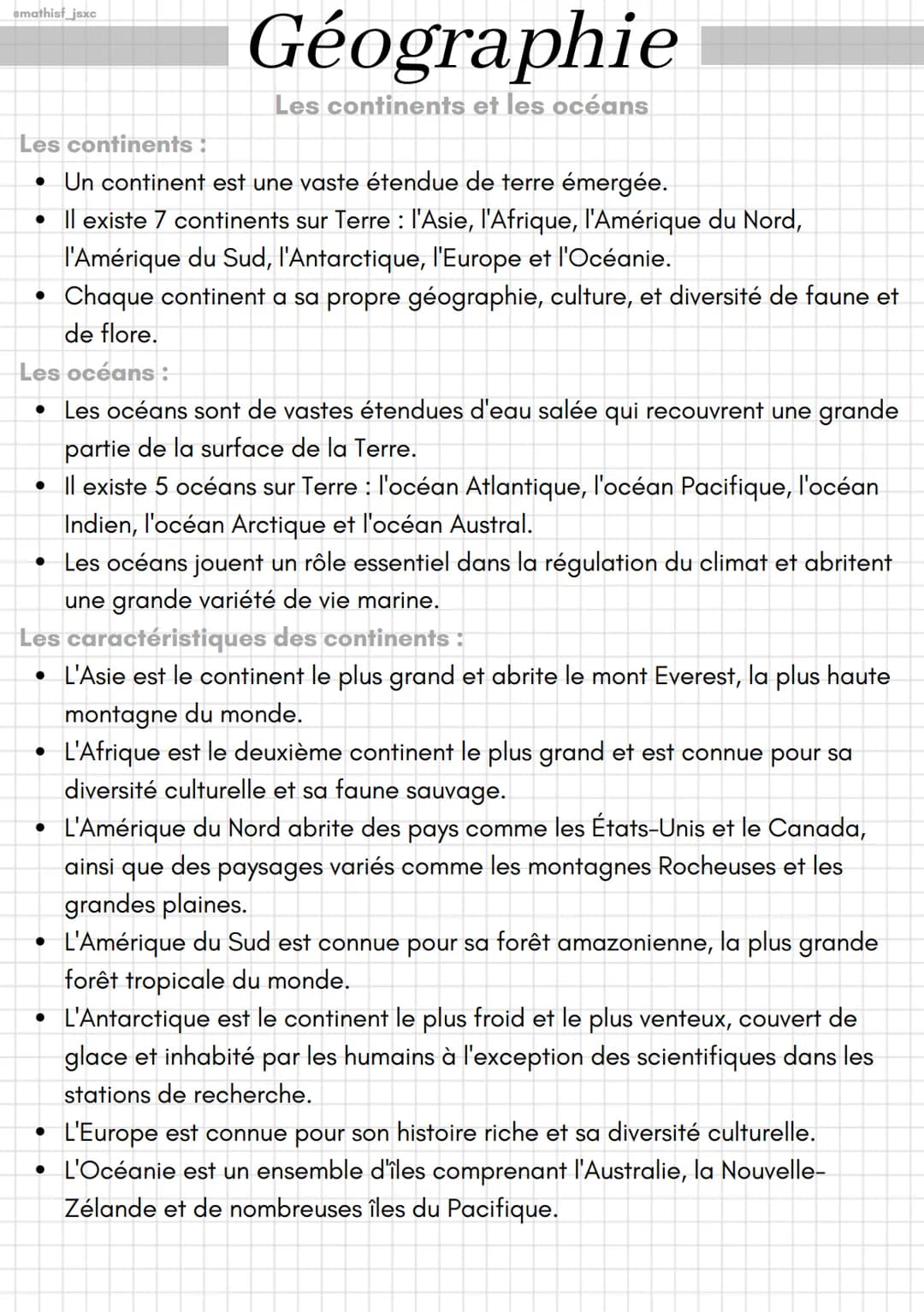 emathist jsxc
# Géographie
Les continents et les océans

Les continents:

*   Un continent est une vaste étendue de terre émergée.
*   Il ex