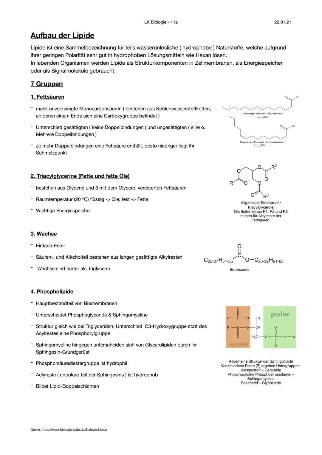 LK Biologie - 11a
22.01.21
# Aufbau der Lipide
Lipide ist eine Sammelbezeichnung für teils wasserunlösliche (hydrophobe) Naturstoffe, welche