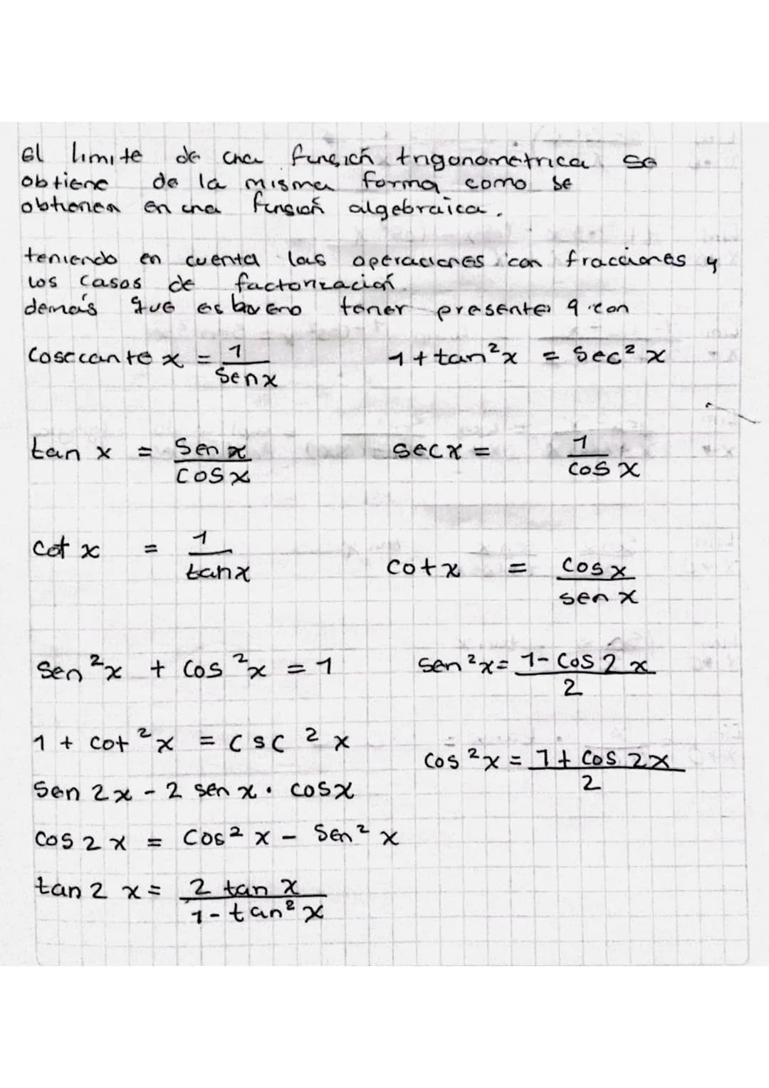 El limite de una función trigonometrica se
obtiene de la misma forma como se
obtionen en una funsión algebraica.

teniendo en cuenta las ope