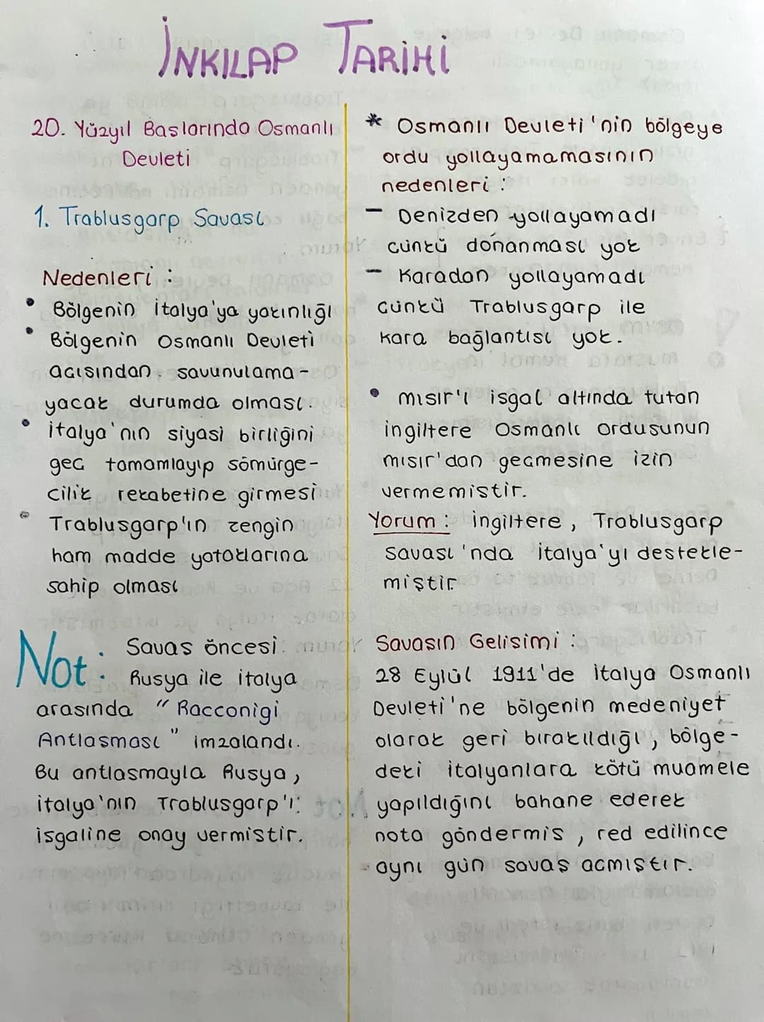 # İNKILAP TARİHİ

20. Yüzyıl Baslarında Osmanlı
Devleti

1. Trablusgarp Savası

Nedenleri :

*   Bölgenin İtalya'ya yakınlığı
*   Bölgenin O