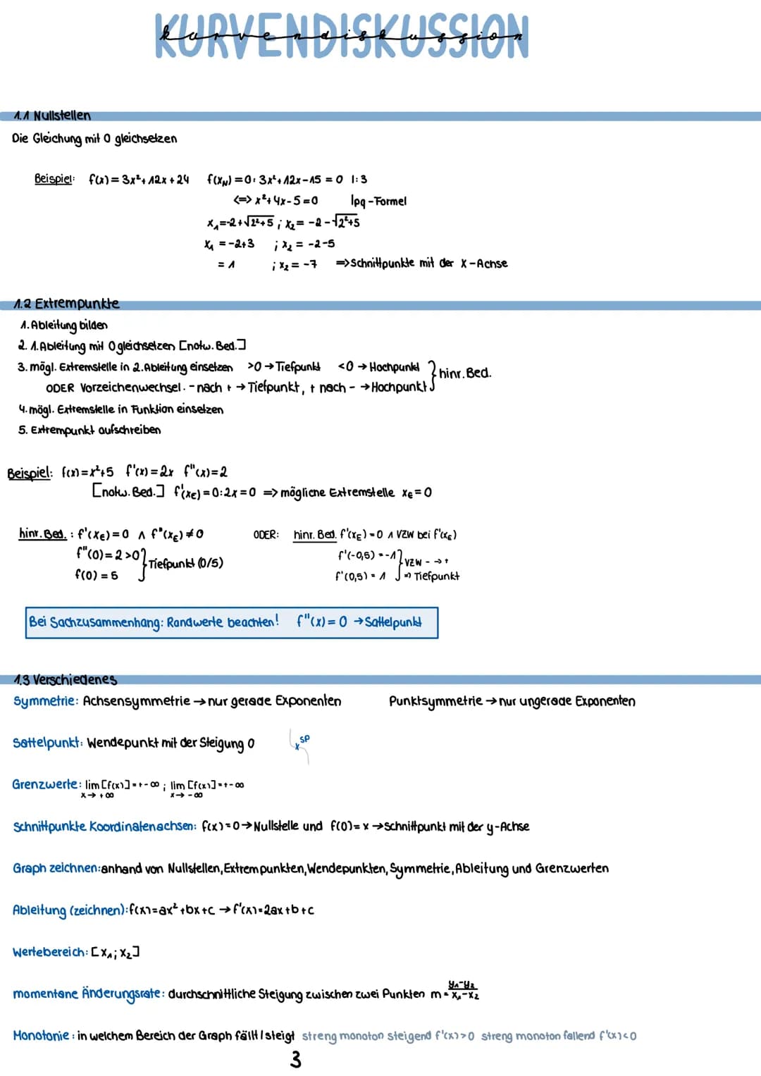 # Mathematik

1 Kurvendiskussion

1.1 Nullstellen

1.2 Extrempunkte

1.3 Verschiedenes

1.4 Wendepunkte

1.5 Tangente

1.6 Bedeutung der Wen