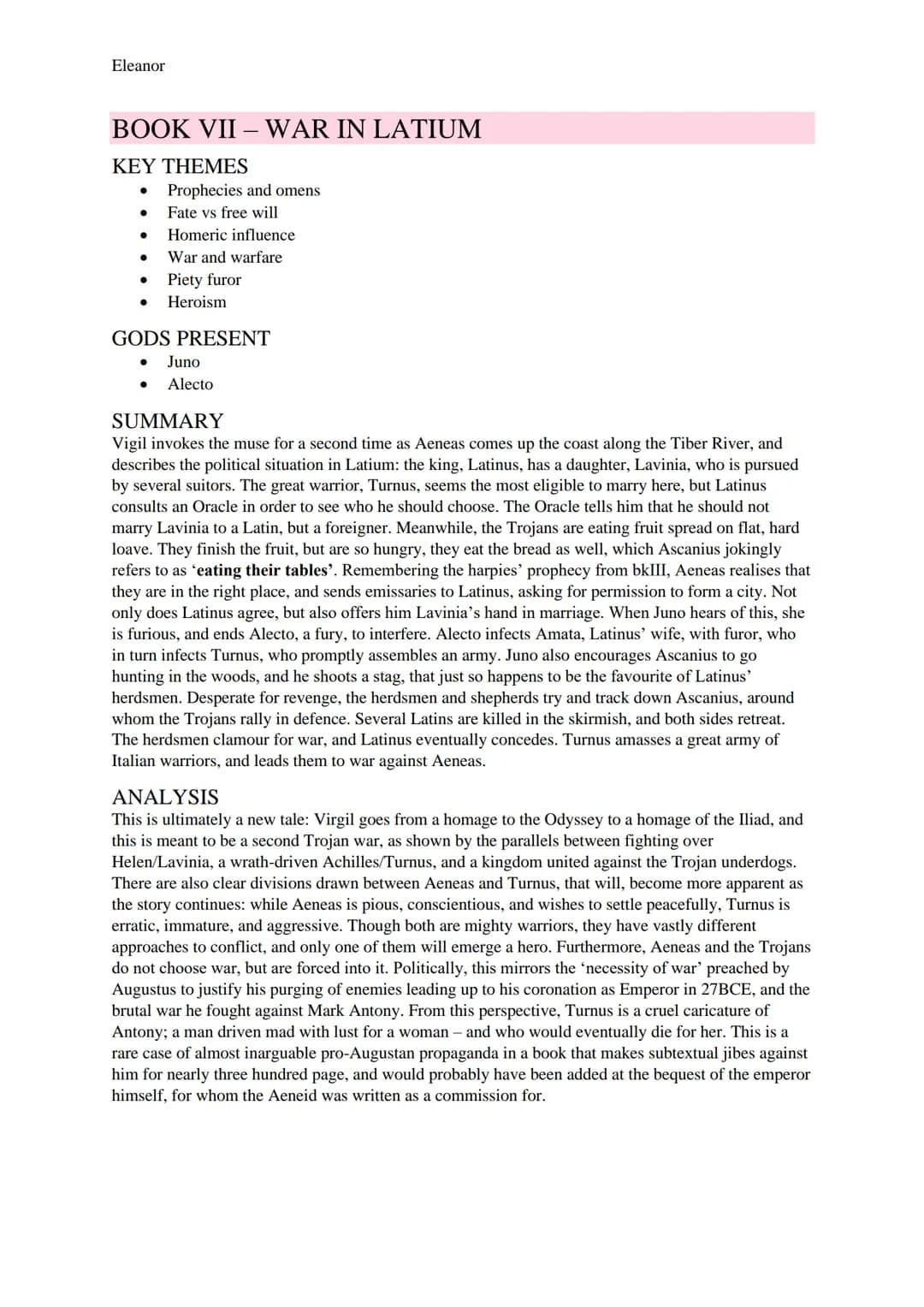 Eleanor

AENEID STUDY GUIDE

BOOK I - STORM AND BANQUET

KEY THEMES
- Homeric influence
- Women
- Prophecies and omens
- Heroism
- The might