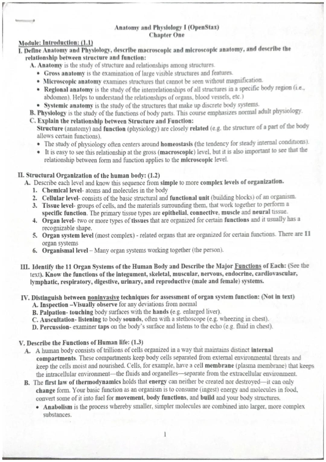 # Anatomy and Physiology I (OpenStax)
Chapter One
Module: Introduction: (1.1)
I. Define Anatomy and Physiology, describe macroscopic and mic
