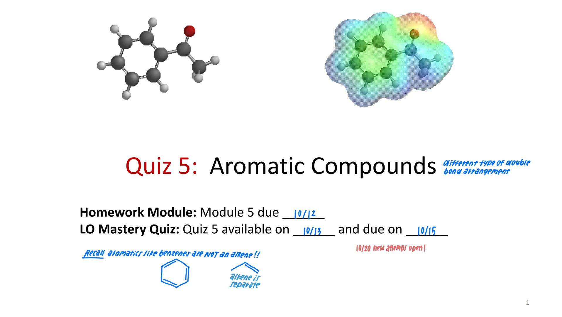 Quiz 5: Aromatic Compounds
different type of double
bona arrangement
Homework Module: Module 5 due
LO Mastery Quiz: Quiz 5 available on
Reca