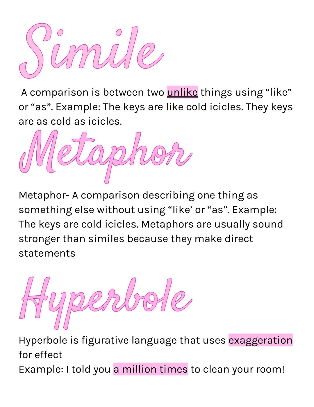 # Simile

A comparison is between two unlike things using "like"
or "as". Example: The keys are like cold icicles. They keys
are as cold as 
