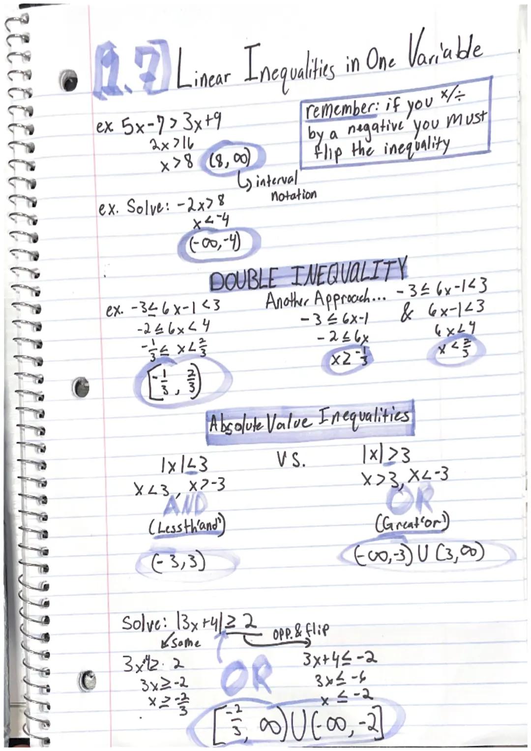 - •1.2 Linear Inequalities in One Variable

- ex 5x-7>3x+9
  2x>16
  x>8 (8,00)

- ex. Solve: -2x>8
  x<-4
  (-00,-4)

- interval
  notation