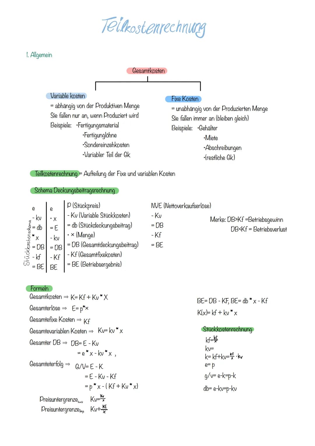 1. Allgemein

# Teilkostenrechnung

Gesamtkosten

Variable kosten

= abhängig von der Produktiven Menge

Sie fallen nur an, wenn Produziert 