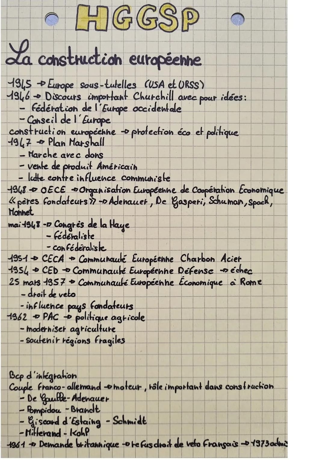 # HGGSPO

La construction européenne

1945 → Europe sous-tutelles (USA et URSS)

1946 → Discours important Churchill avec pour idées:
- Fédé
