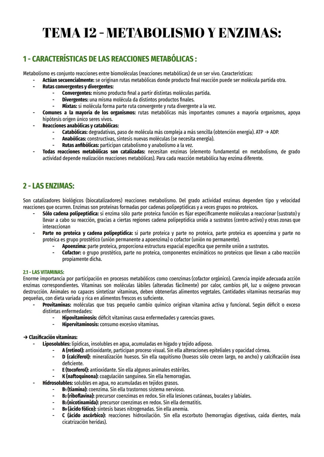 # TEMA 12-METABOLISMO Y ENZIMAS:

1- CARACTERÍSTICAS DE LAS REACCIONES METABÓLICAS:

Metabolismo es conjunto reacciones entre biomoléculas (