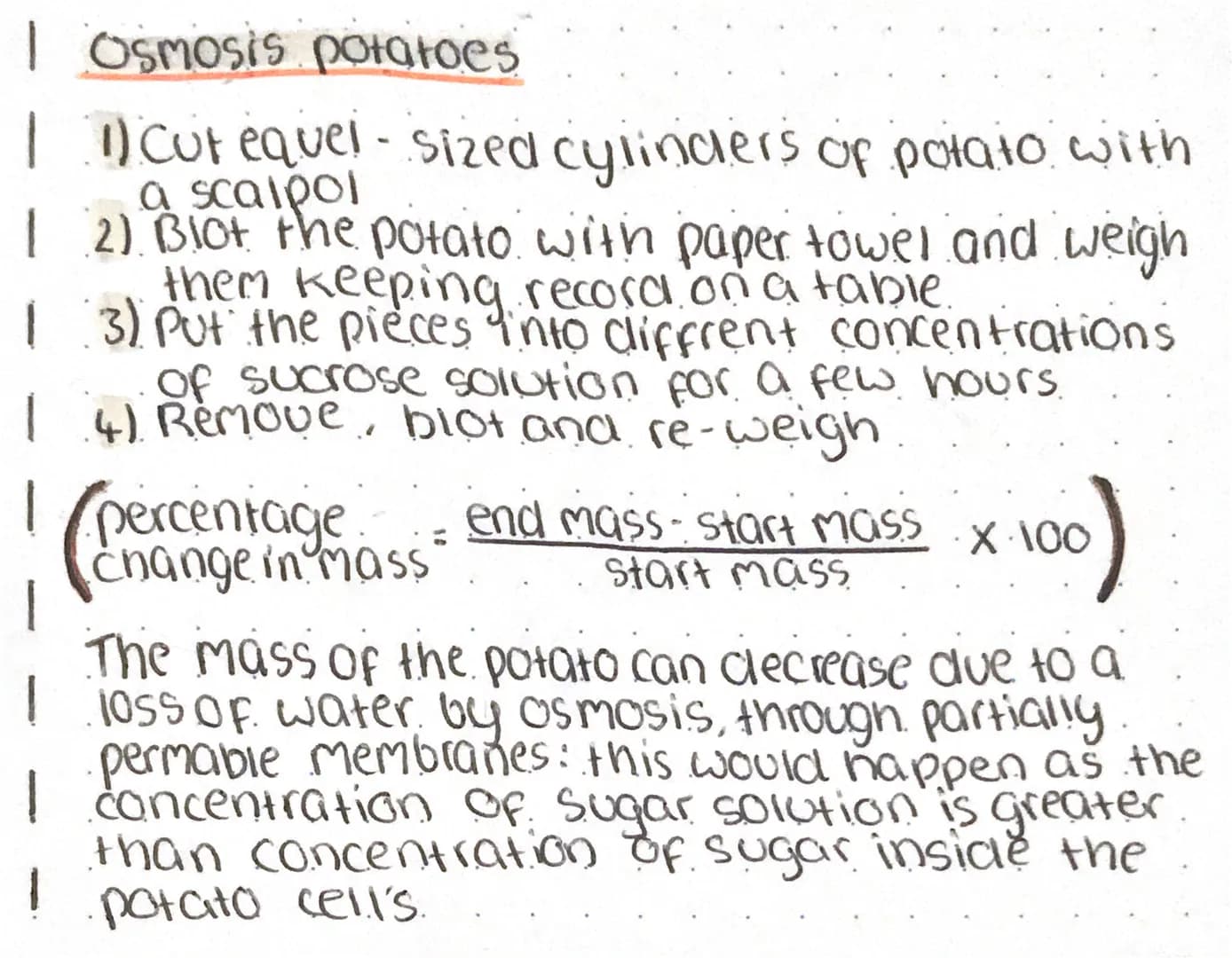 I Osmosis potatoes

1) Cutequel-sized cylinders of potato with
a scalpol

2) Blot the potato with paper towel and weigh
them keeping record 