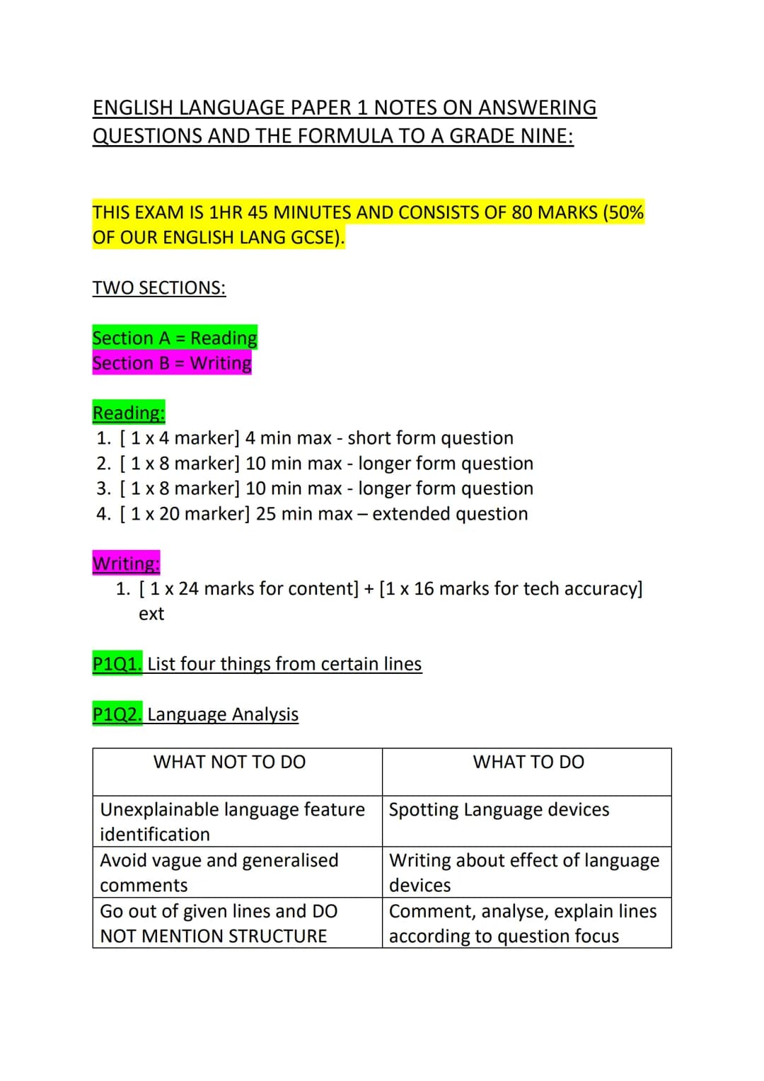 # ENGLISH LANGUAGE PAPER 1 NOTES ON ANSWERING
QUESTIONS AND THE FORMULA TO A GRADE NINE:

THIS EXAM IS 1HR 45 MINUTES AND CONSISTS OF 80 MAR