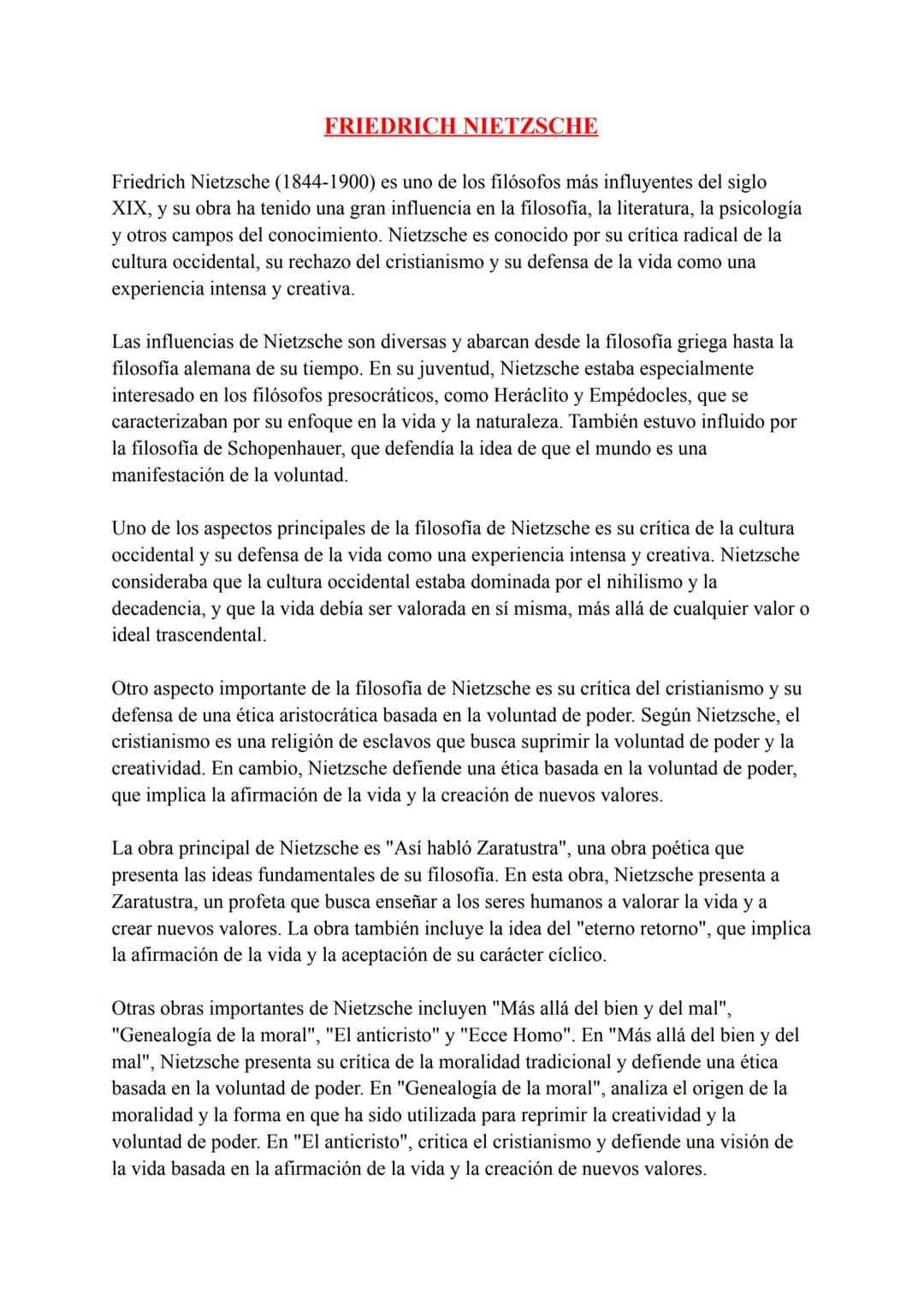 # FRIEDRICH NIETZSCHE

Friedrich Nietzsche (1844-1900) es uno de los filósofos más influyentes del siglo
XIX, y su obra ha tenido una gran i
