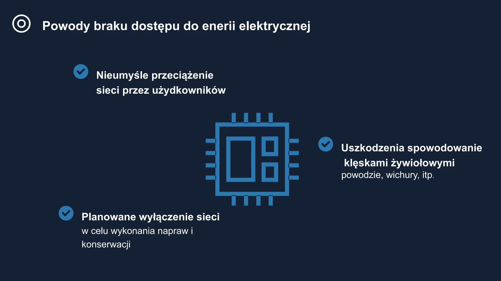 # Braki dostaw

energii elektrycznej # Powody braku dostępu do enerii elektrycznej

*   Nieumyśle przeciążenie
sieci przez użydkowników

*  