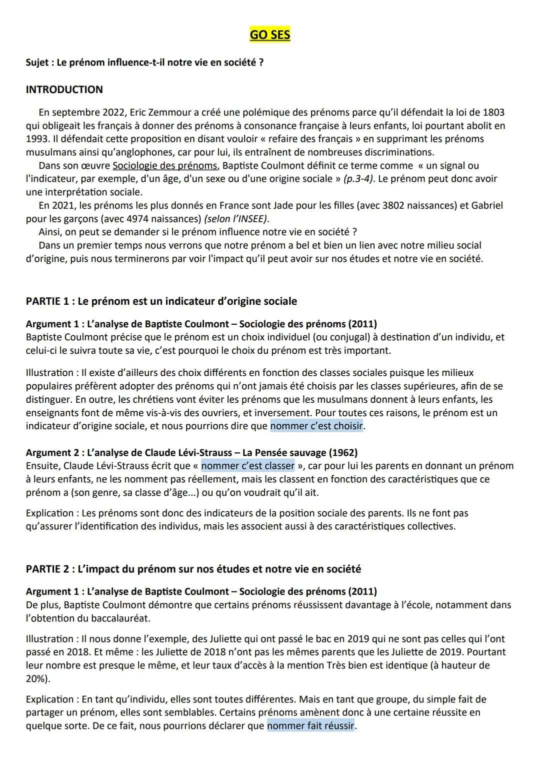 # GO SES

Sujet: Le prénom influence-t-il notre vie en société ?

INTRODUCTION

En septembre 2022, Eric Zemmour a créé une polémique des pré