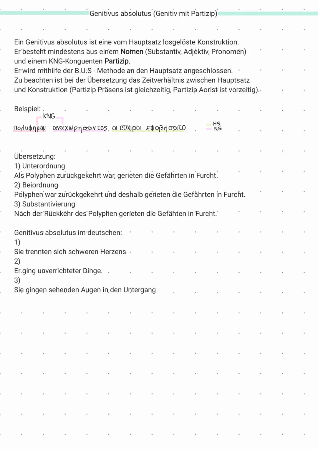 Genitivus absolutus (Genitiv mit Partizip)

Ein Genitivus absolutus ist eine vom Hauptsatz losgelöste Konstruktion.
Er besteht mindestens au