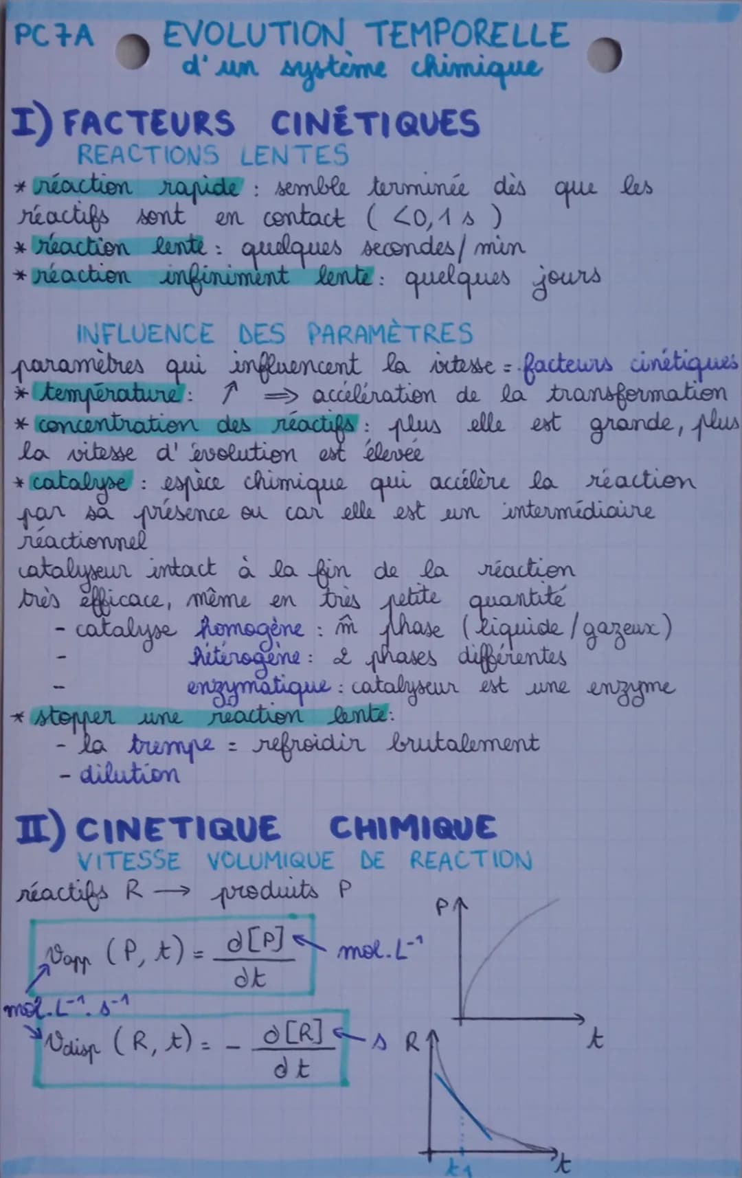 PC7A
EVOLUTION TEMPORELLE
d'un système chimique

I) FACTEURS CINÉTIQUES
REACTIONS LENTES
* réaction rapide : semble terminée dès que les
réa