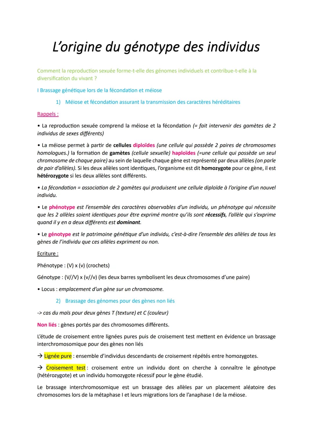 # L'origine du génotype des individus

Comment la reproduction sexuée forme-t-elle des génomes individuels et contribue-t-elle à la
diversif