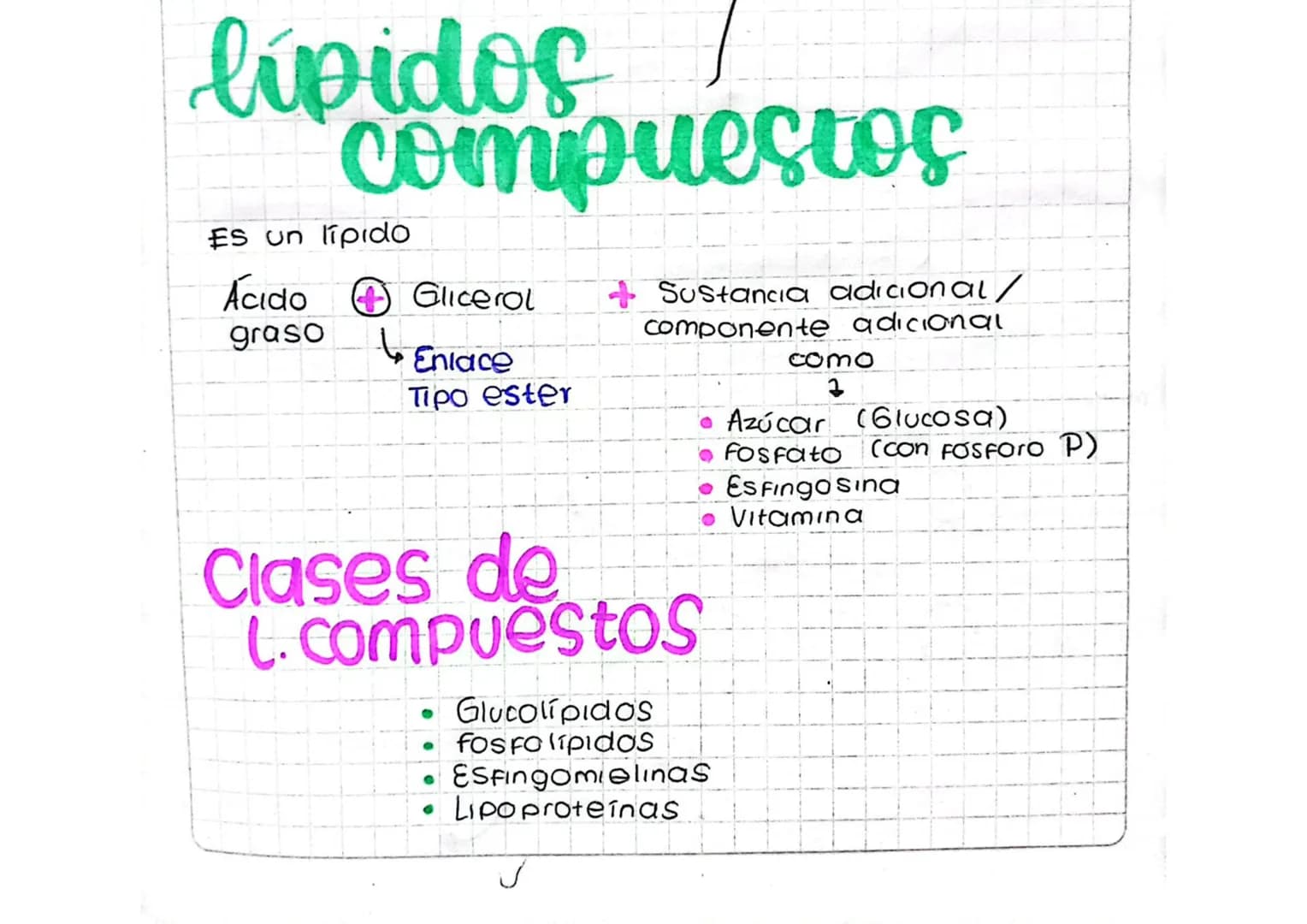 # lipidos

# compuestos

Es un lipido

Ácido Glicerol + Sustancia adicional/
graso componente adicional

Eniace como
Tipo ester 2

• Azúcar 