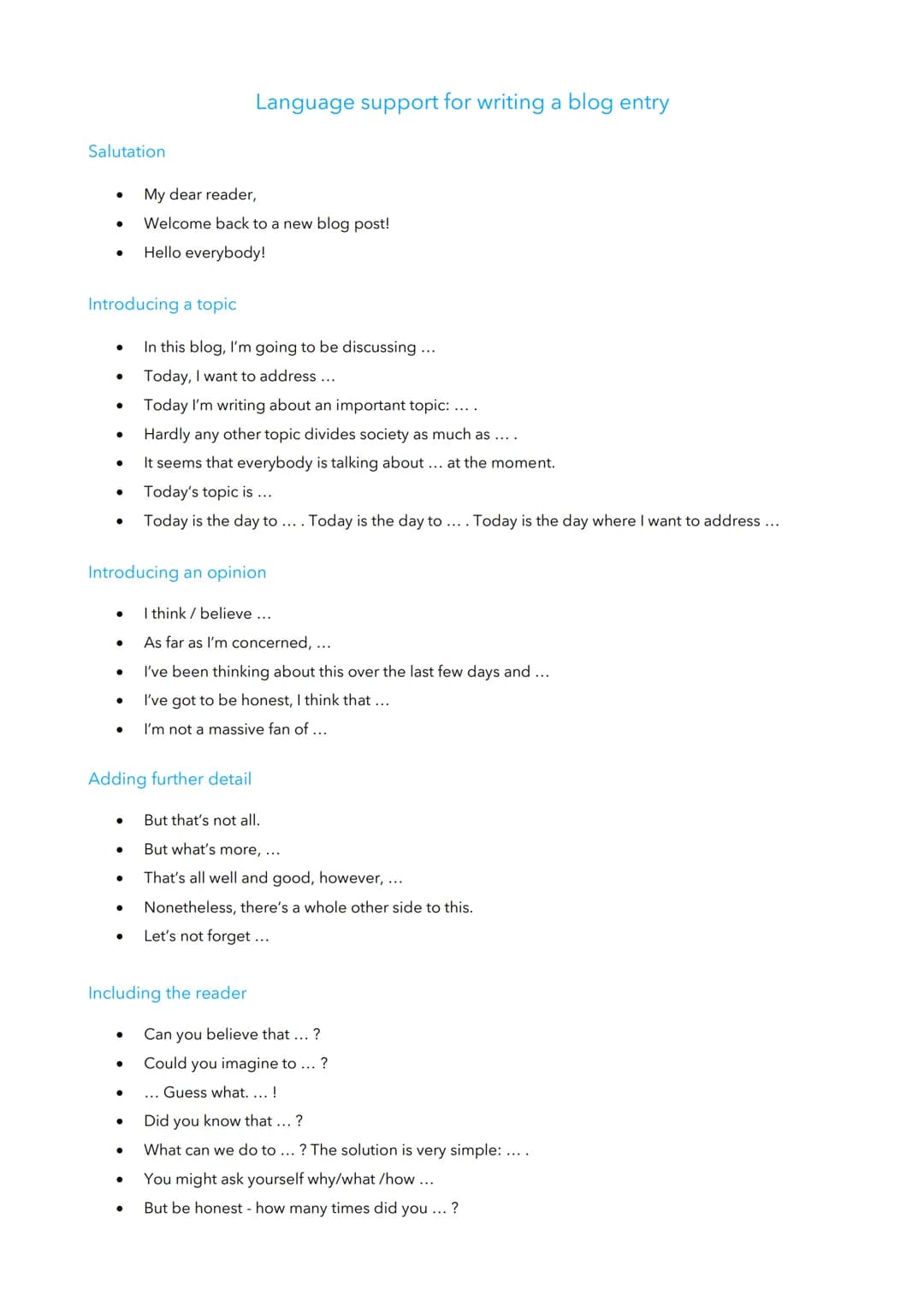 Language support for writing a blog entry

Salutation

- My dear reader,
- Welcome back to a new blog post!
- Hello everybody!

Introducing 