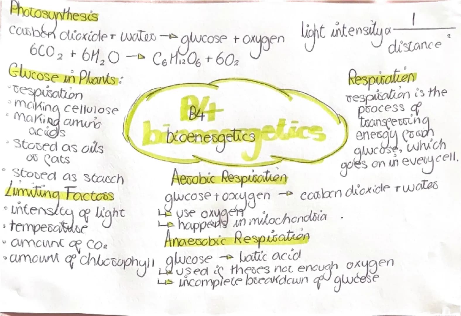 # Photosynthesis
carbon dioxide + water → glucose + oxygen  light intensity∝ 1/distance
6CO₂ + 6H₂O → C₆H₁₂O₆ + 6O₂
# Glucose in Plants:
• r