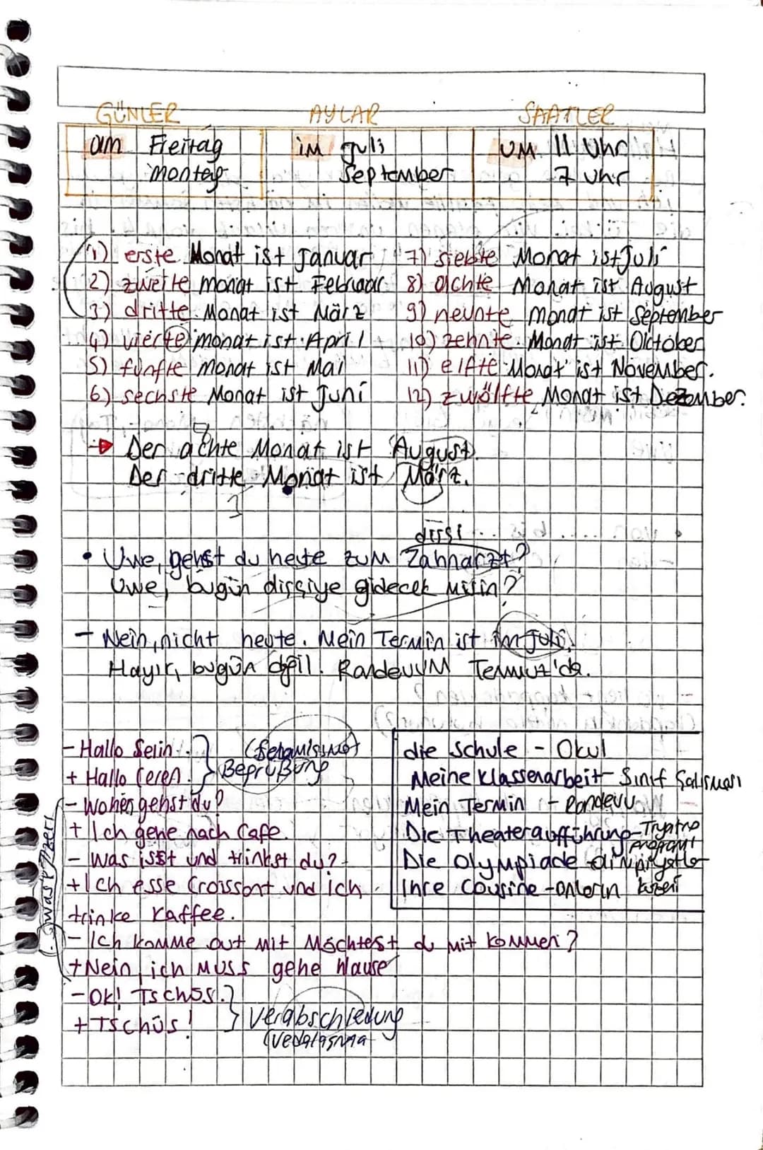 was zerr

GÜNLER

am Freitag

montey

AYLAR

im guli

September

SAATLER

UM. 11 Uhr

7 whic

1) erste Monat ist Januar 7) siebte Monat ist 