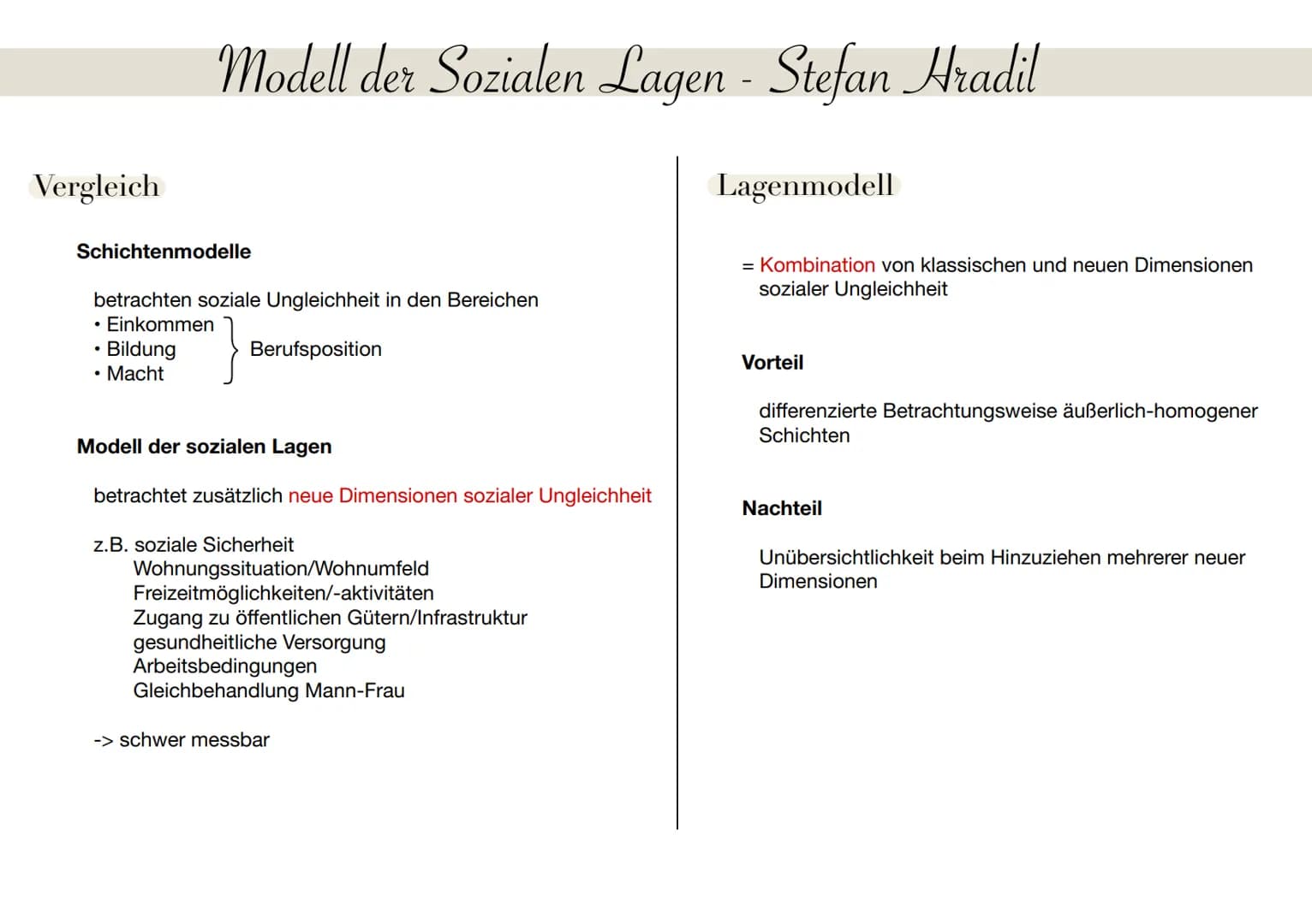 Modell der Sozialen Lagen - Stefan Hradil

Vergleich

Schichtenmodelle

betrachten soziale Ungleichheit in den Bereichen
*   Einkommen
*   B
