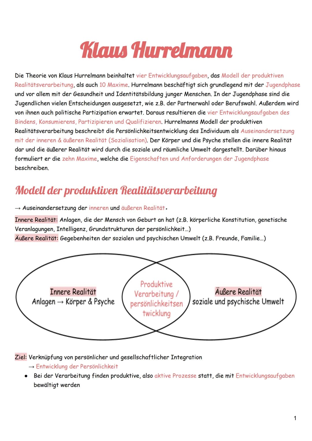 # Klaus Hurrelmann

Die Theorie von Klaus Hurrelmann beinhaltet vier Entwicklungsaufgaben, das Modell der produktiven
Realitätsverarbeitung,
