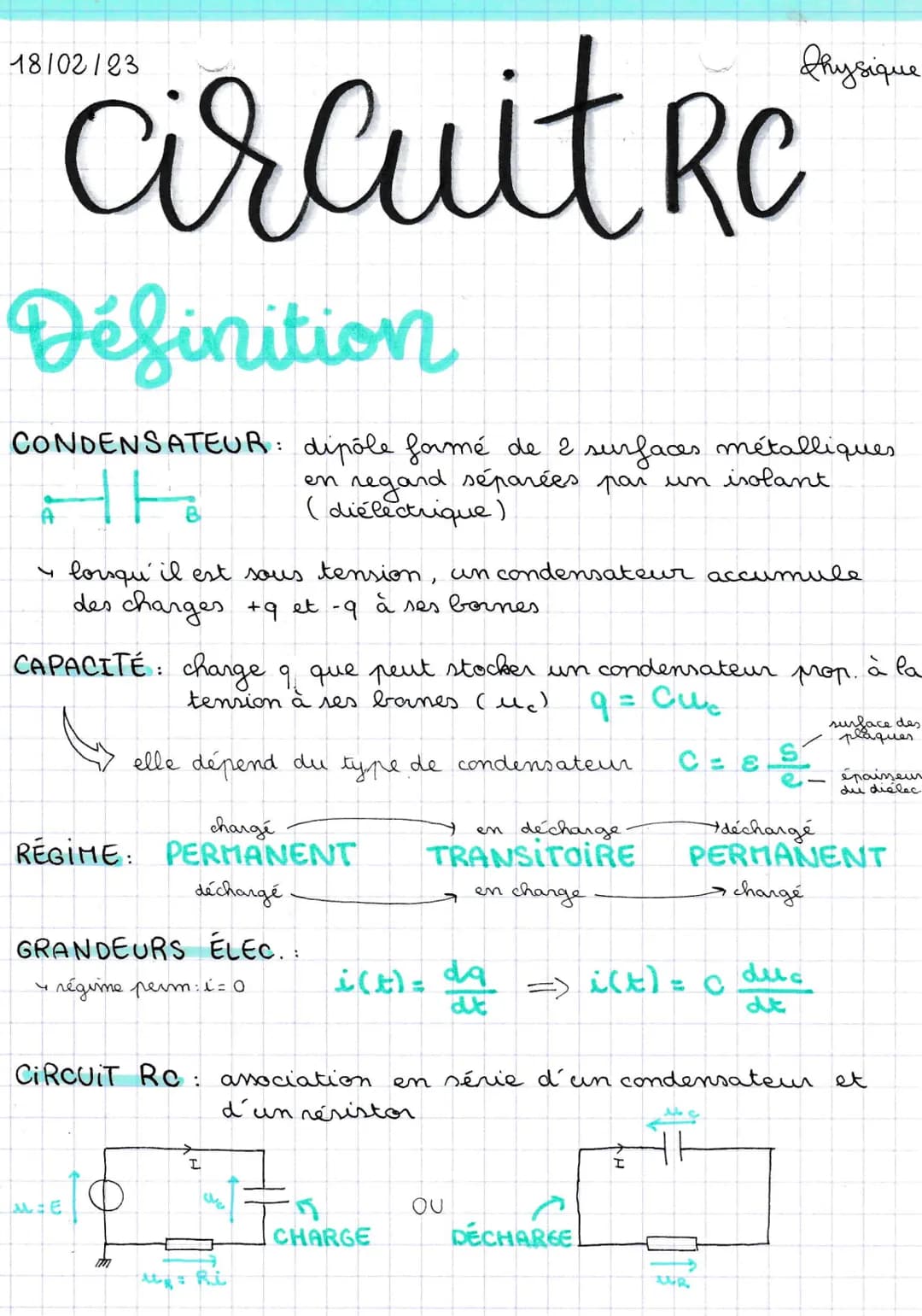 # 18/02/23

# circuit RC

## Définition

Physique

CONDENSATEUR: dipõle formé de 2 surfaces métalliques


en regard séparées par un isolant
