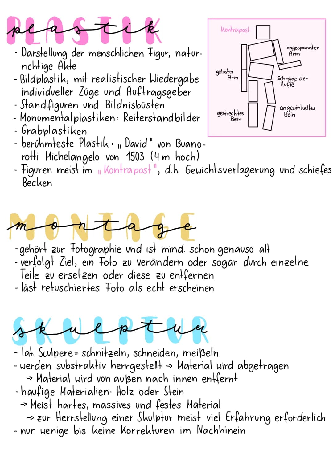 # plastik

- Darstellung der menschlichen Figur, natur-
richtige Akte
- Bildplastik, mit realistischer Wiedergabe
individueller Züge und Auf