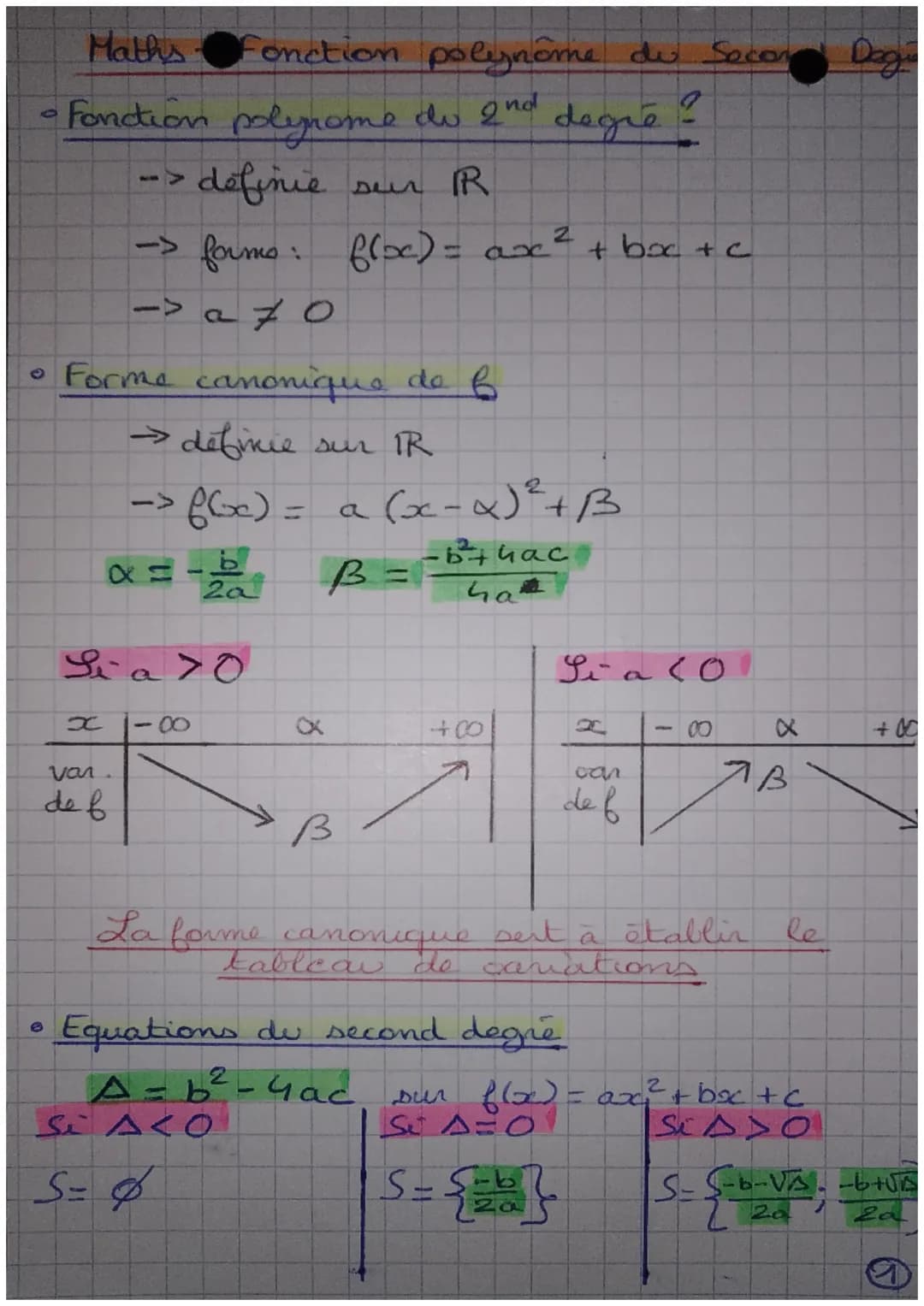 Maths Fonction polynôme de Secon
• Fonction polynome do 2nd degré ?
->definie sur
$R$
>forms: $f(x) = ax² + bx + c$
-> a 70
• Forme canoniqu