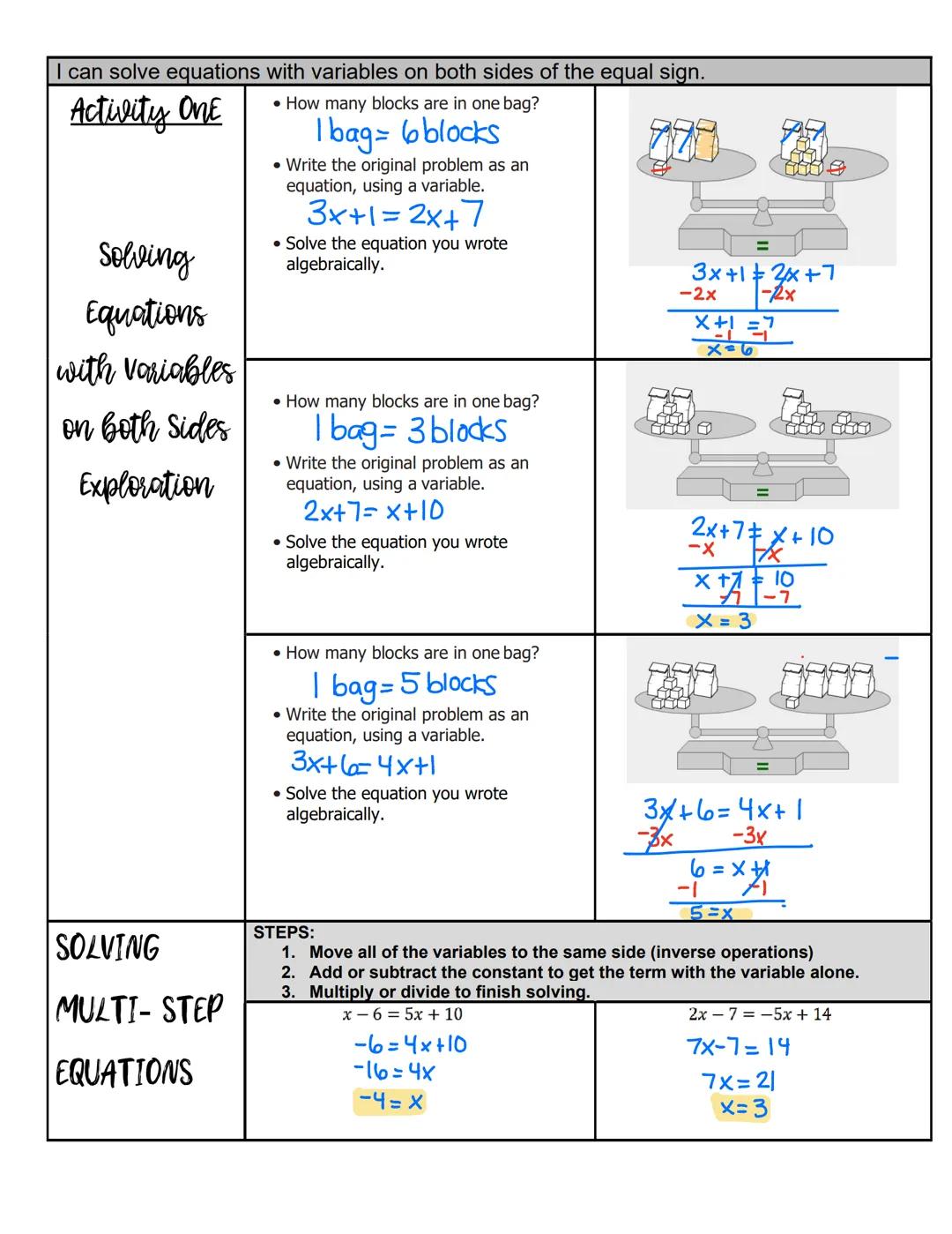 # Solving Linear Equations NOTES

I can solve one and two-step equations

vocabulary

One-Step
Equations

1.

When solving equations, you wi
