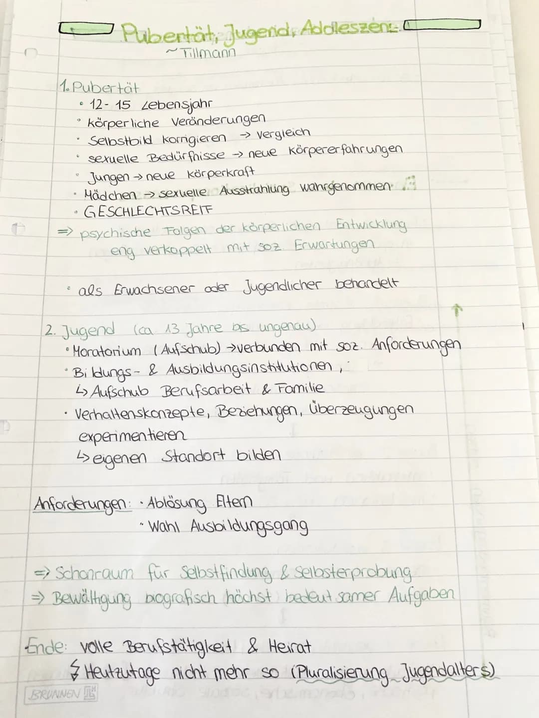 # Pubertät, Jugend, Addleszen

~Tillmann

1. Pubertät

*   12-15 Lebensjahr

*   körperliche Veränderungen

*   Selbstbild korrigieren → ver