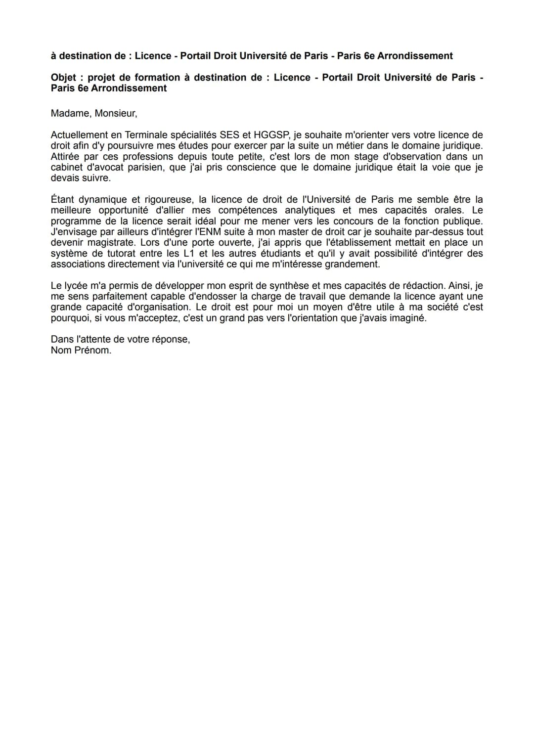 à destination de: Licence - Portail Droit Université de Paris - Paris 6e Arrondissement

Objet : projet de formation à destination de : Lice