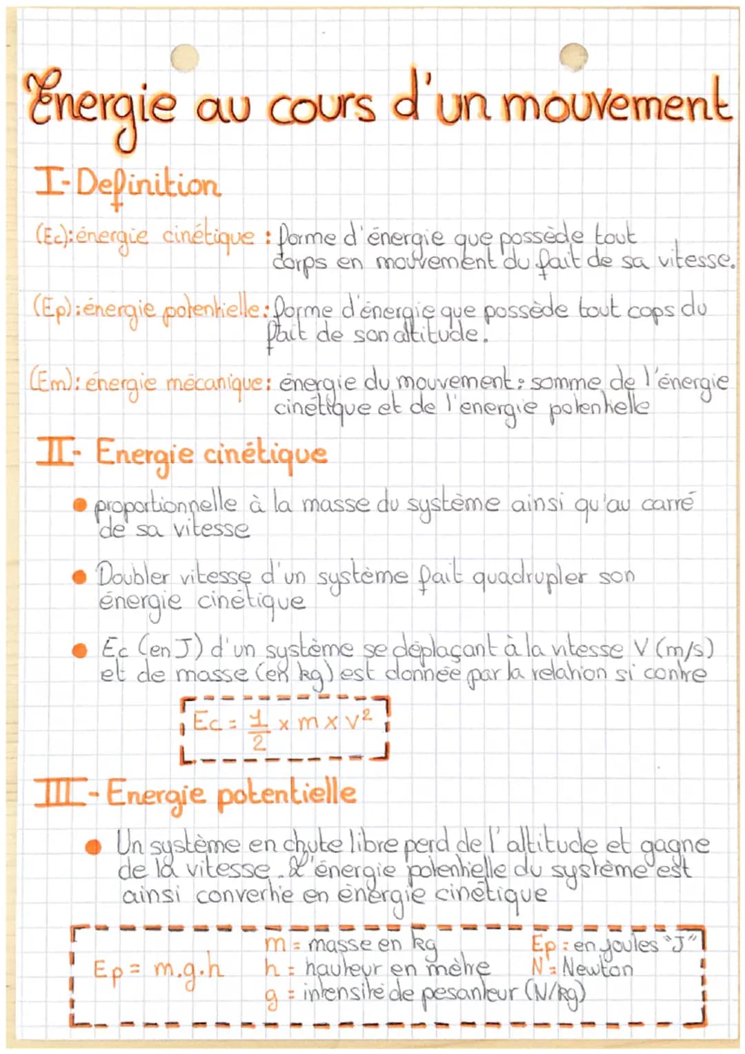 # Energie
au cours d'un mouvement

I-Definition

(Ec): énergie cinétique: Porme d'énergie que possède tout
dorps en mouvement du fait de sa 