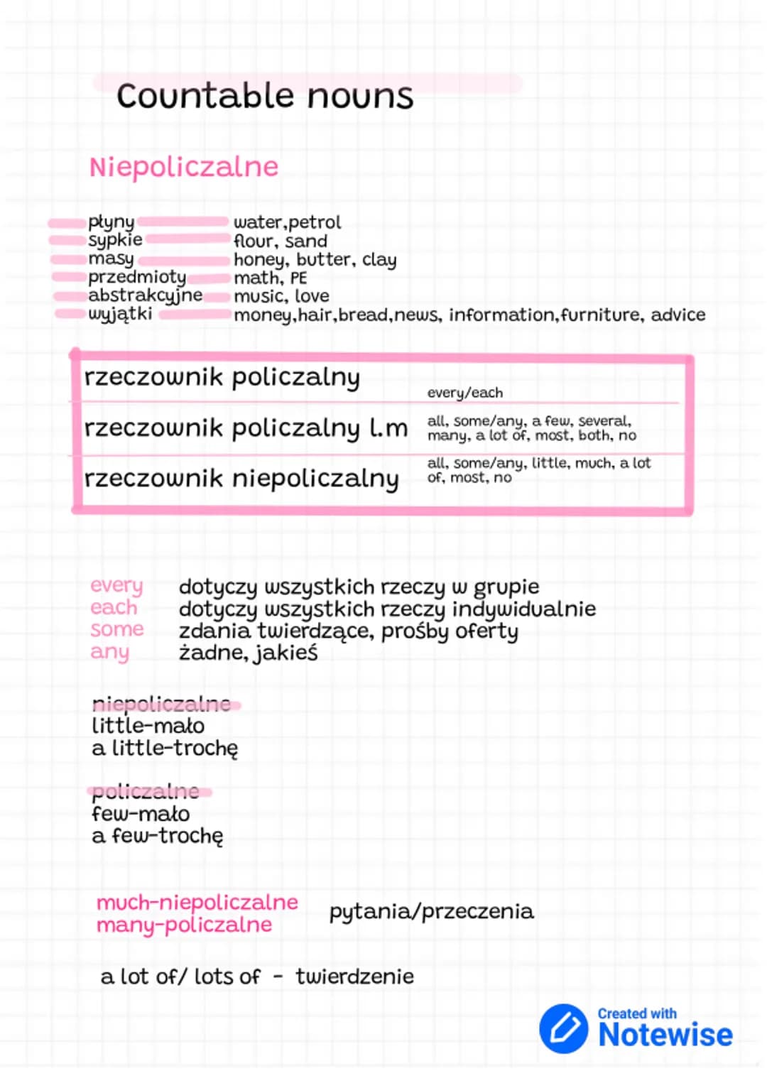 # Countable nouns

Niepoliczalne

płyny water, petrol
sypkie flour, sand
masy honey, butter, clay
przedmioty math, PE
abstrakcyjne music, lo