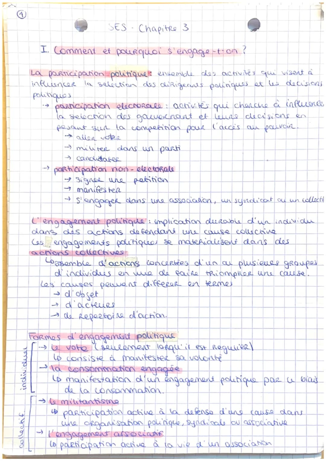 SES Chapitre 3

I. Comment et pourquoi s'engage-t-on?

La participation politiquel ensemble des activités qui visent à
influencer la selecti