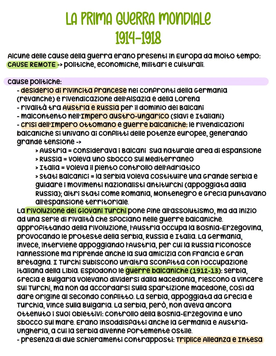 # LA PRIMA GUERRA MONDIALE
## 1914-1918

Alcune delle cause della guerra erano presenti in Europa da molto tempo:
CAUSE REMOTE -> politiche,