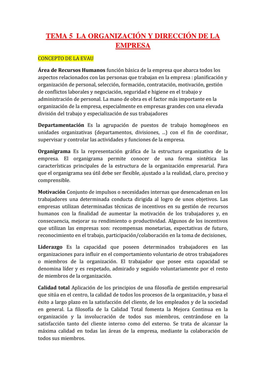 
<h2>TEMA 1: LA EMPRESA</h2>
<h3>Conceptos de la EVAU</h3>
<p>  <strong>Empresa:</strong> Es la unidad básica de producción que se encarga d
