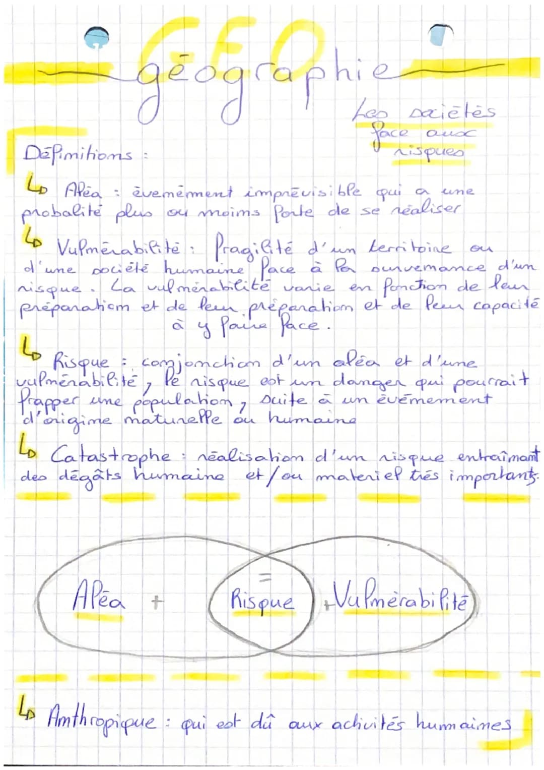 geographie

Définitions:

face
aux
O risques

Lo Area: évemérment imprevisible qui a une
probalité plus ou moims Porte de se réaliser

Lo Vu