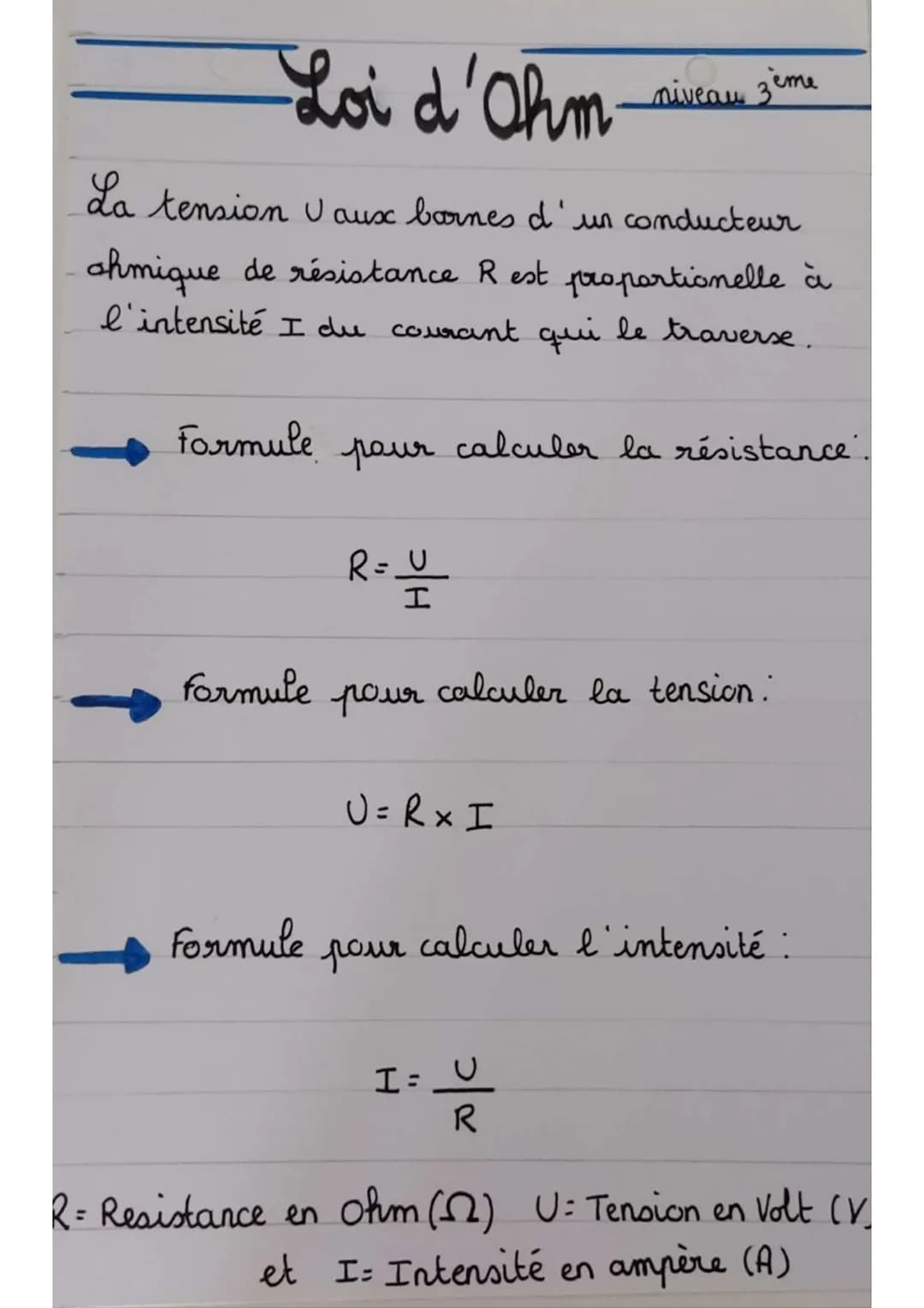 - Loi d'Ohm niveau me

La tension v aux bornes d'un conducteur
ohmique de résistance Rest proportionelle à
l'intensité I du courant qui le t
