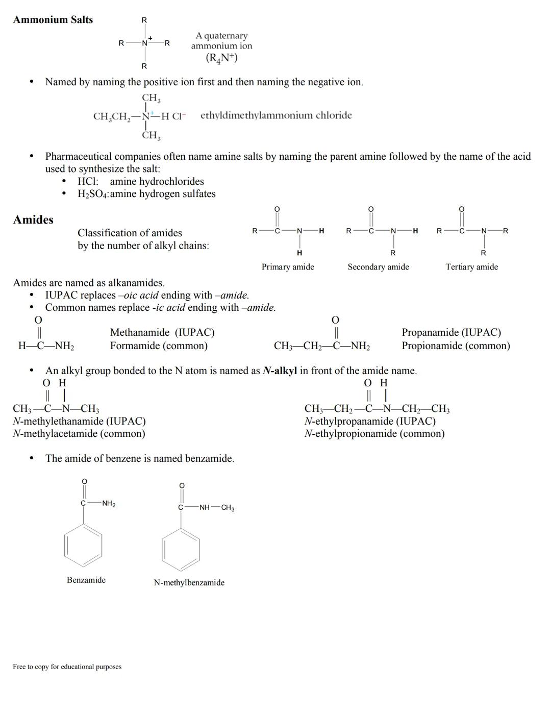 # Chem 30B - Naming Amines and Amides (Rules)

Amines and amides come from ammonia (replacing the H's).

$
\begin{array}{c}
H \\
| \\
N \\
|