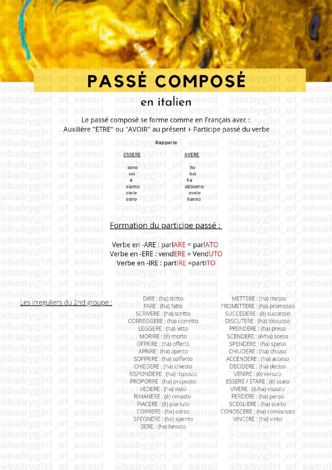 # PASSÉ COMPOSÉ

en italien

Le passé composé se forme comme en Français avec :
Auxilière "ETRE" ou "AVOIR" au présent + Participe passé du 